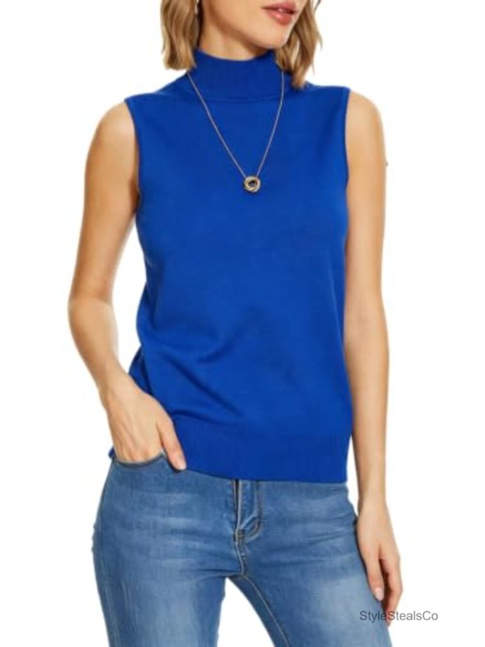 Sleeveless Mock Neck Sweater Vest Rayon Blend Stretch Knit Top Women's